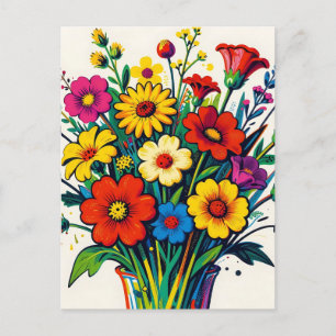 Cartão Postal Vibrante Buquê de Flores Silvestres Arte Folclóric