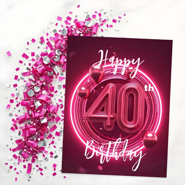 Cartão Postal Vibrante Chic Neon Rosa 40º Aniversário (Criador carregado)