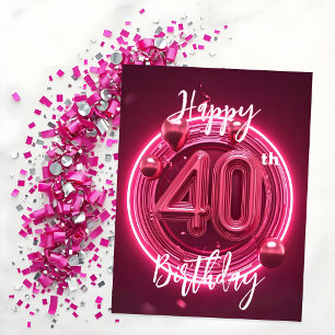 Cartão Postal Vibrante Chic Neon Rosa Aniversário de 40 anos