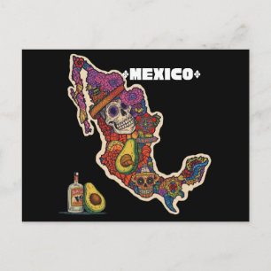 Cartão Postal Vibrante Mapa do México Caveira de Açúcar