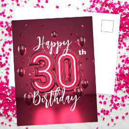 Cartão Postal Vibrante Rosa Neon Chic Aniversário de 30 anos com