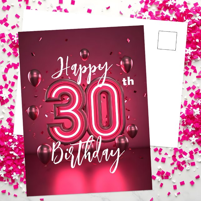 Cartão Postal Vibrante Rosa Neon Chic Aniversário de 30 anos com (Criador carregado)