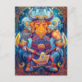 Cartão Postal Vibrante Viking Guerreiro com Ax Norse Mythology C