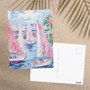 Cartão Postal Vibrantes Barcos à Vela Rosa Aquarela Costa Tropic