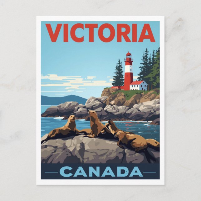 Cartão Postal Victoria Canada Sea Lions and Lighthouse Travel (Frente)