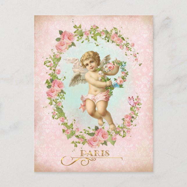 Cartão Postal Victorian Angel Pink Rose Frame Postcard (Frente)