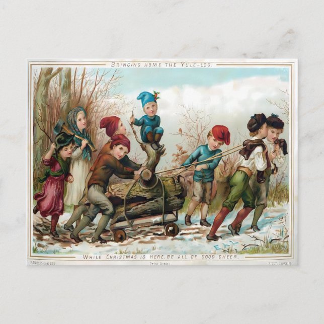 Cartão Postal Victorian Kids Bringing Home the Yule Log (Frente)