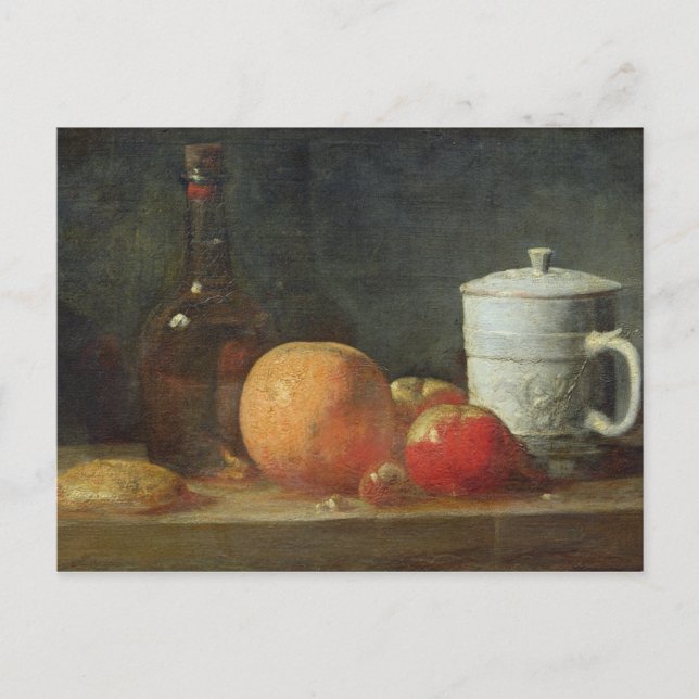 Cartão Postal Vida Estática com Fruta e garrafa de vinho (Frente)