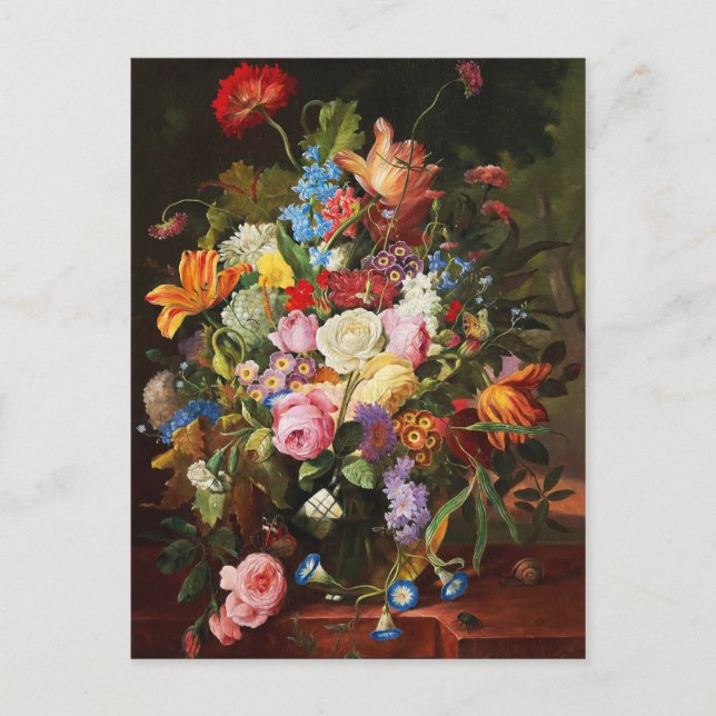 Cartão Postal Vida Estática Flor De Rosas, Tulipas E Cravagem (Frente)
