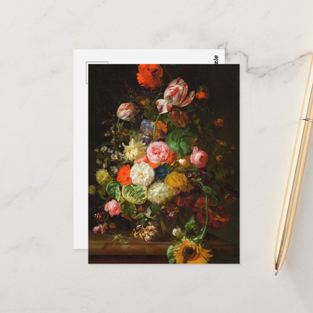 Cartão Postal Vida tranquila de rosas, tulipas, girassol, 1710 (Frente/Verso In Situ)