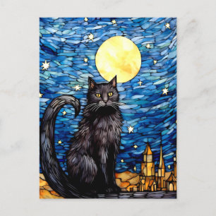 Cartão Postal Vidro Negra Gato Negra Estrelado Noite Estrelada