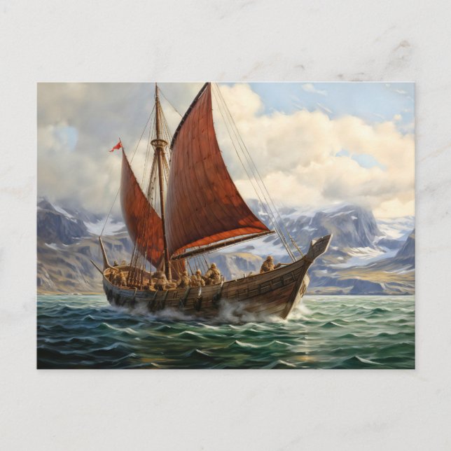 Cartão Postal Viking boat navegando no mar norte. islandês (Frente)