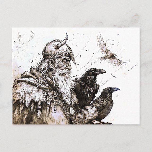 Cartão Postal Viking Deity Sketch Pen Drawing of Norse God Odin (Frente)