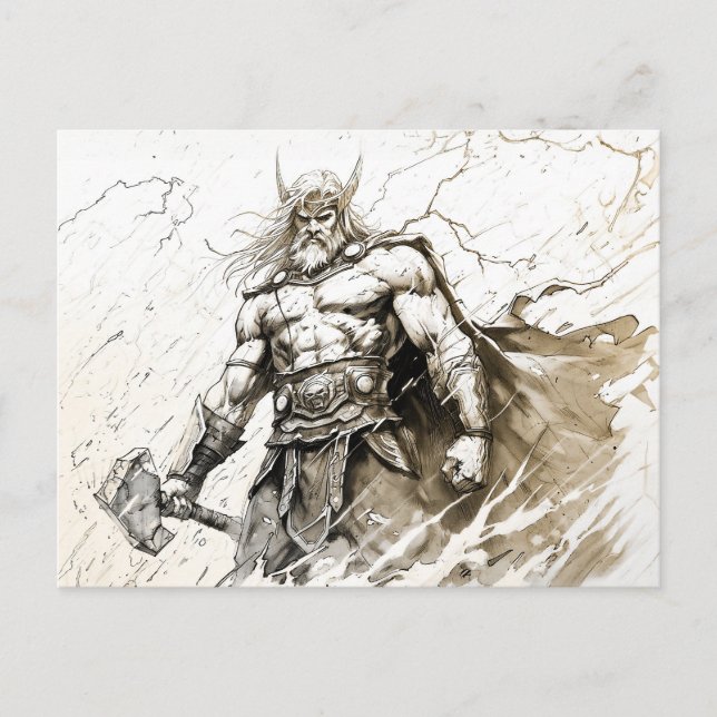 Cartão Postal Viking Deity Sketch Pen Drawing of Norse God Thor (Frente)