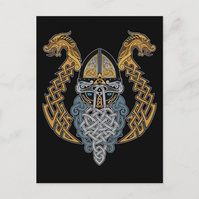Cartão Postal Viking Dragon Valknut Helmet Valhalla God Odin (Frente)