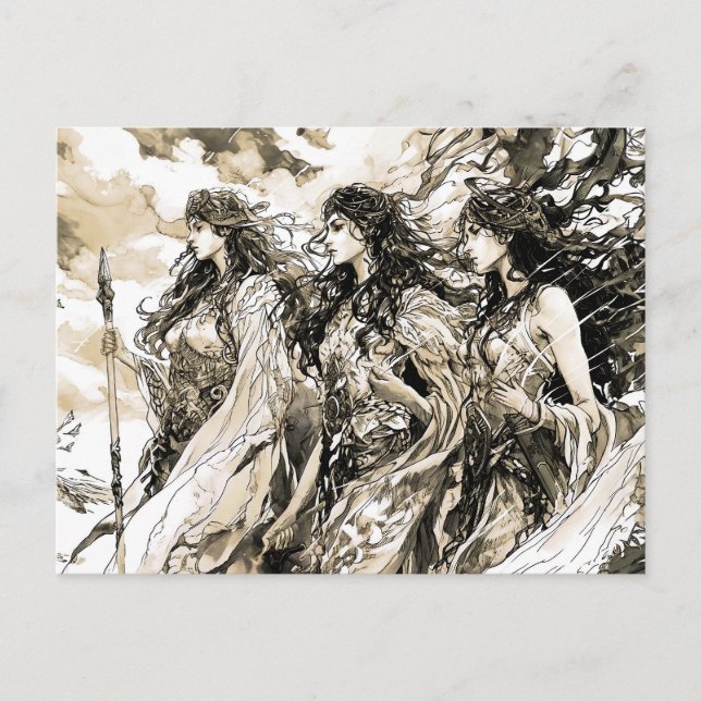 Cartão Postal Viking Drawing of a Norse God three norns (Frente)