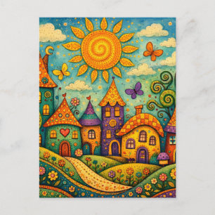 Cartão Postal Vila de Contos de Fadas Caprichosa Arte em Tela Co