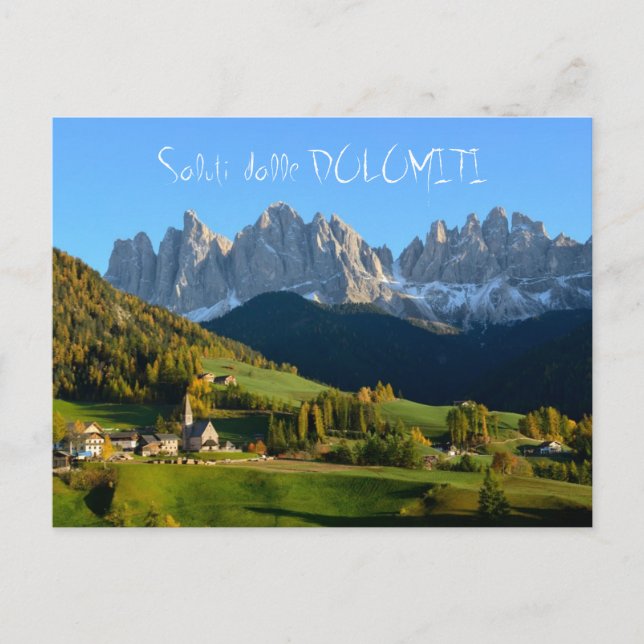 Cartão Postal Vila Dolomites no outono "saluti" (Frente)