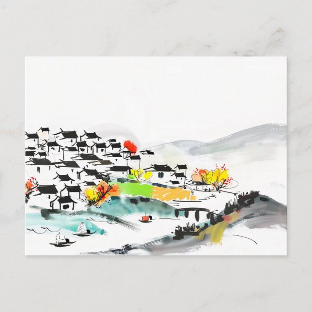 Cartão Postal Vila tradicional chinesa nas montanhas (Frente)