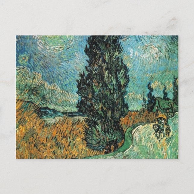 Cartão Postal vincent van gogh - estrada com ciprestes e estrela (Frente)