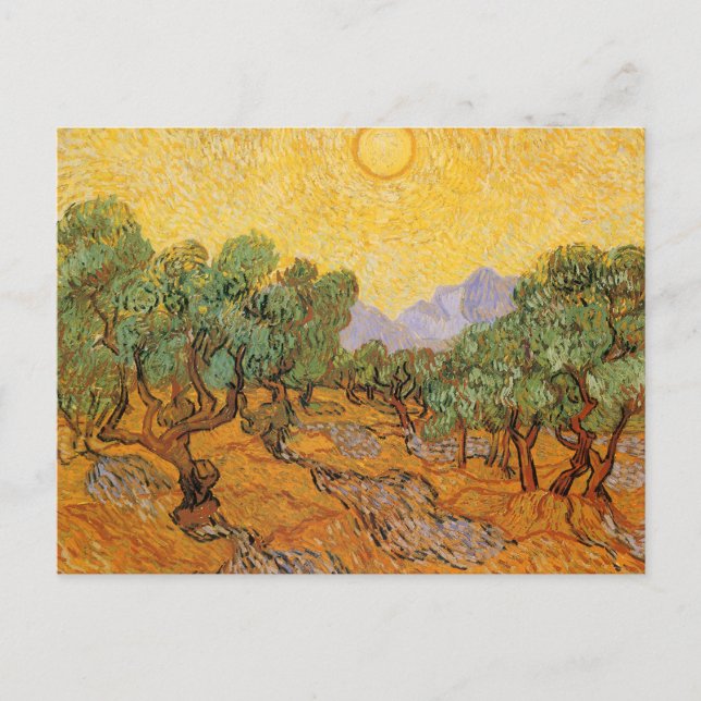 Cartão Postal Vincent van Gogh - Oliveiras, céu amarelo e sol (Frente)