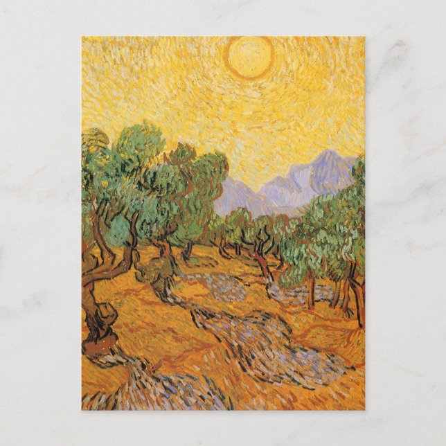 Cartão Postal Vincent van Gogh - Oliveiras, céu amarelo e sol (Frente)