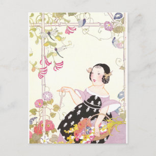 Cartão Postal Vinha e garota com flores cortadas