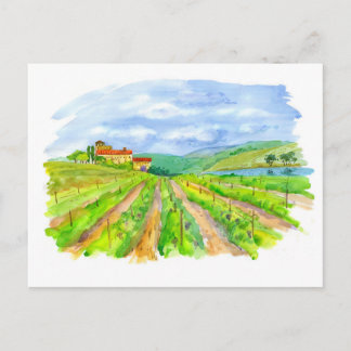 Cartão Postal Vinhedo Ensolarado com Paisagem Aquática em Aquare