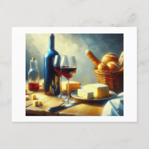 Cartão Postal Vinho com queijo e rolos,