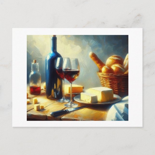 Cartão Postal Vinho com queijo e rolos, (Frente)