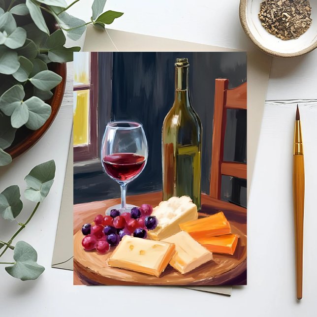 Cartão Postal Vinho e Queijo | Pintura a óleo (Criador carregado)