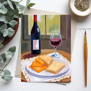 Cartão Postal Vinho e Queijo Pintura em Aquarela