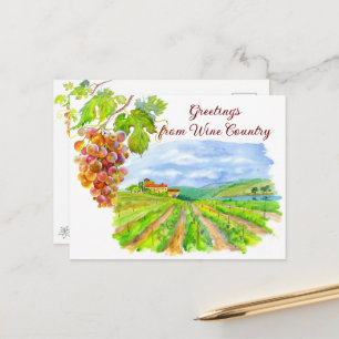 Cartão Postal Vinícola Ensolarada & Uvas – País do Vinho em Aqua