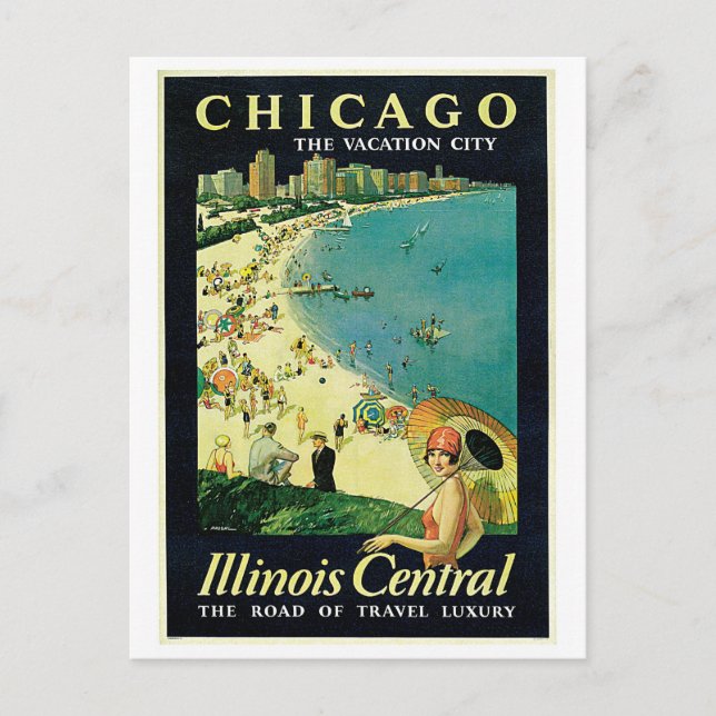 Cartão Postal vintage 1920 da praia de Chicago (Frente)