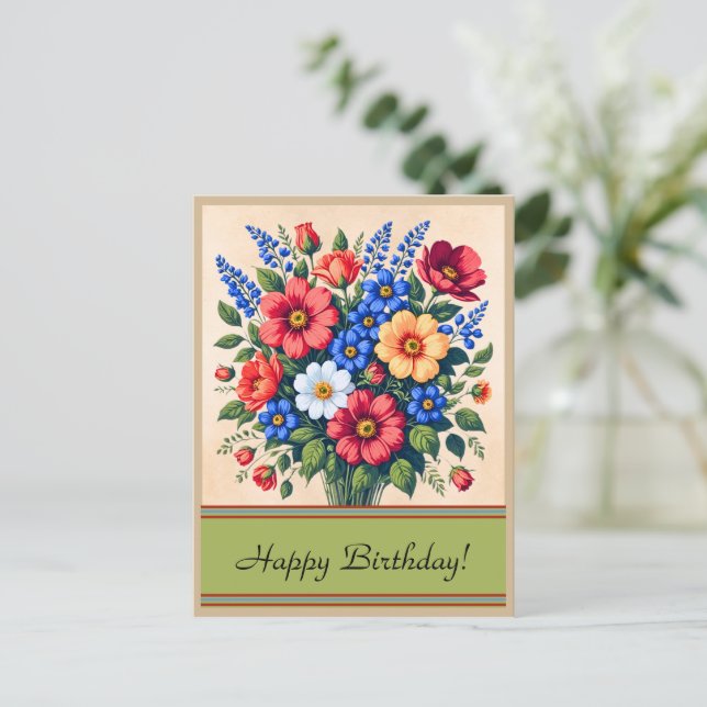 Cartão Postal Vintage 1940s Flower Bouquet | Birthday Postcard (Em pé/Frente)