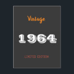 Cartão Postal Vintage 1964 edição limitada 60th Birthday Gift<br><div class="desc">Vintage 1964 year limited edition 60th Birthday Gift</div>