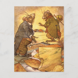 Cartão Postal Vintage Aesop's Fable, Country Mouse, City Mouse