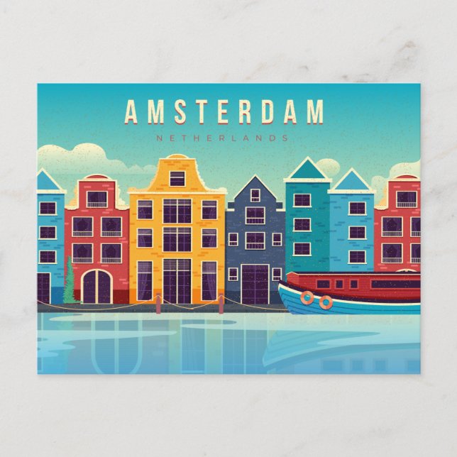Cartão Postal Vintage Amsterdam Países Baixos Waterfront & Boat (Frente)