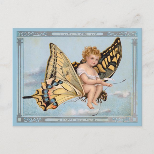 Cartão Postal Vintage Ano Novo Saudações Angel Cherub (Frente)