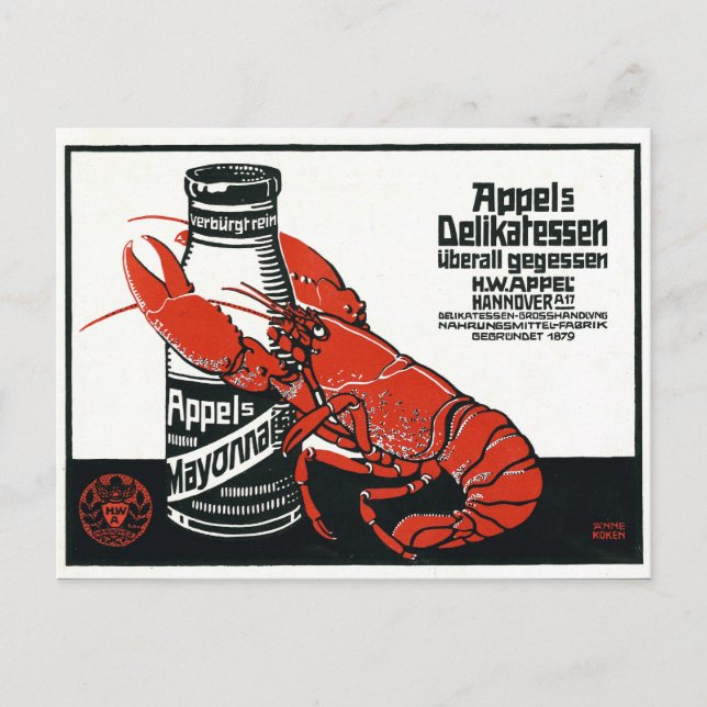 Cartão Postal Vintage Appel Mayonnaise Advertisement Lobster (Frente)