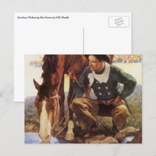 Cartão Postal Vintage Art, Cowboy Vigiando seu cavalo pelo NC Wy