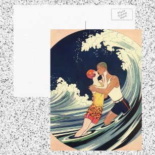 Cartão Postal Vintage Art Deco lança beijo nas ondas na praia