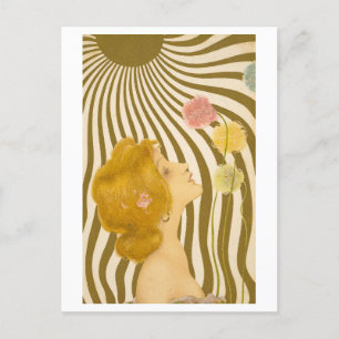 Cartão Postal Vintage Art Deco Mulher com Flores e Sol