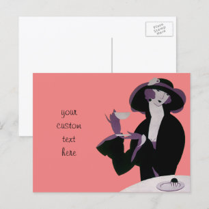 Cartão Postal Vintage Art Deco Woman, Tarde Chá e Cupcake