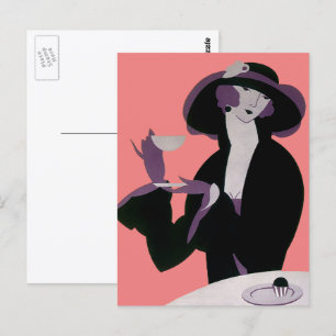 Cartão Postal Vintage Art Deco Woman, Tarde Chá e Cupcake