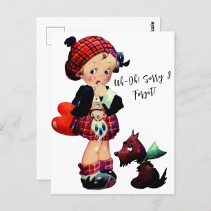 Cartão Postal Vintage Art Girl Red Xadrez Heart Dog
