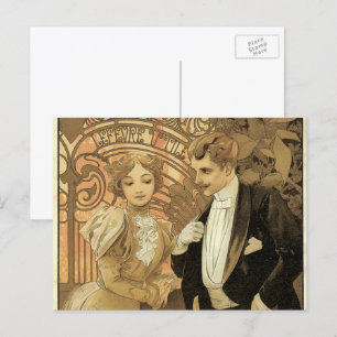 Cartão Postal Vintage Art Nouveau Love Romance, Flirt de Mucha