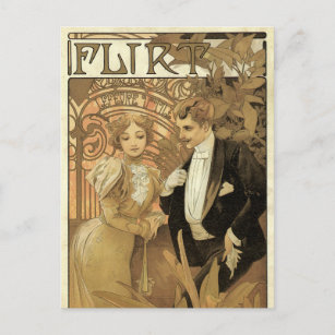 Cartão Postal Vintage Art Nouveau Love Romance, Flirt de Mucha