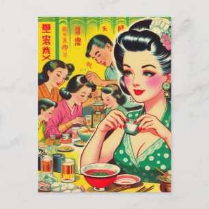 Cartão Postal Vintage Asian Girl Illustration
