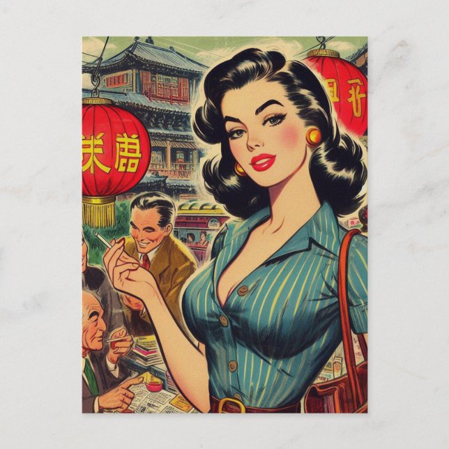 Cartão Postal Vintage Asian Girl Illustration (Frente)